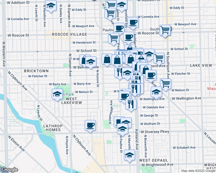 map of restaurants, bars, coffee shops, grocery stores, and more near 1743 West Barry Avenue in Chicago