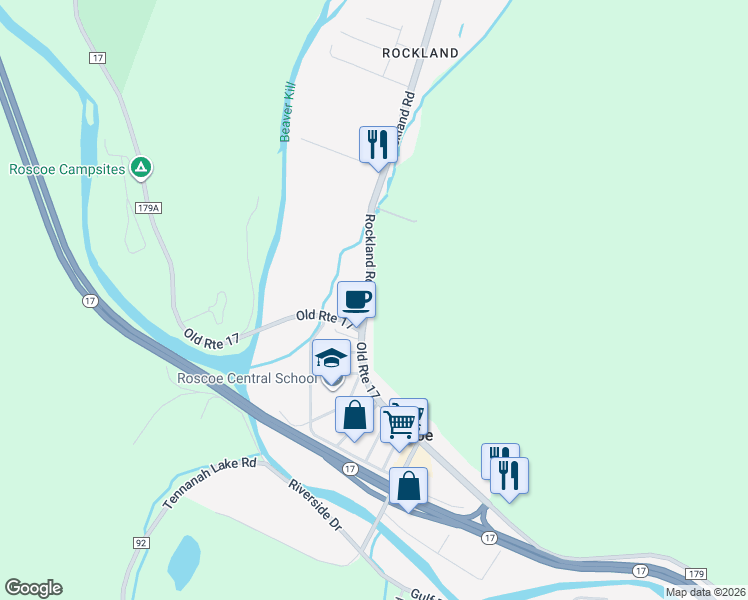 map of restaurants, bars, coffee shops, grocery stores, and more near 10 Rockland Road in Roscoe