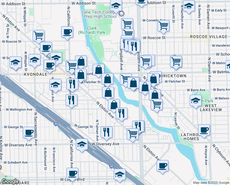 map of restaurants, bars, coffee shops, grocery stores, and more near 3019 N Rockwell St in Chicago