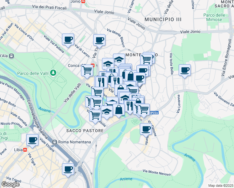 map of restaurants, bars, coffee shops, grocery stores, and more near 44 Viale Tirreno in Rome
