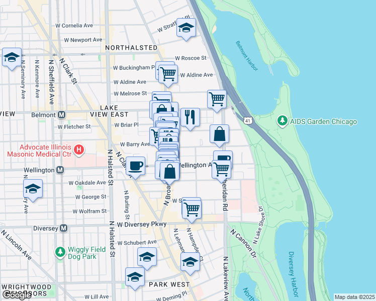 map of restaurants, bars, coffee shops, grocery stores, and more near 504 West Wellington Avenue in Chicago