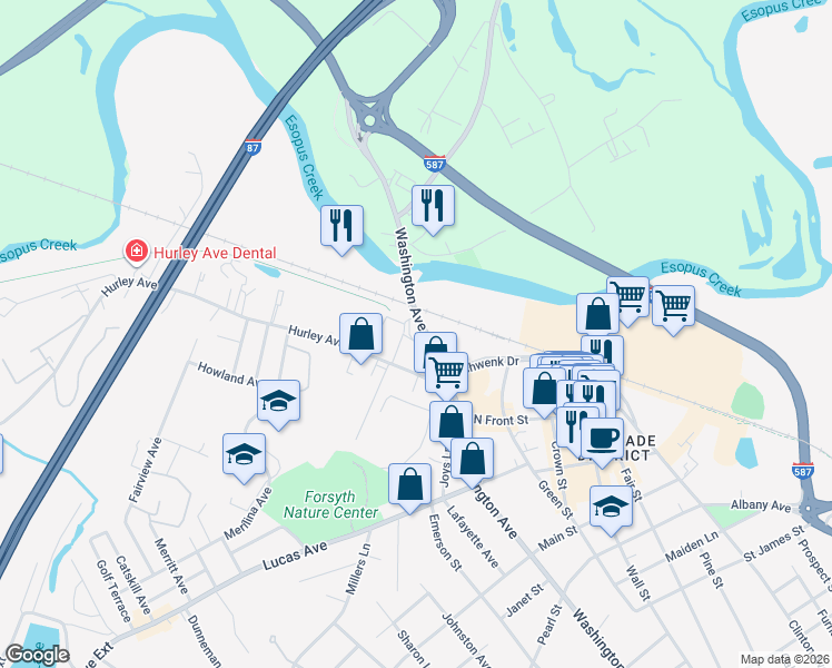 map of restaurants, bars, coffee shops, grocery stores, and more near 475 Washington Avenue in Kingston