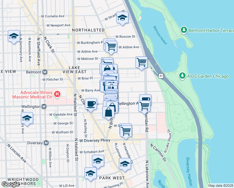 map of restaurants, bars, coffee shops, grocery stores, and more near 3013 North Broadway in Chicago