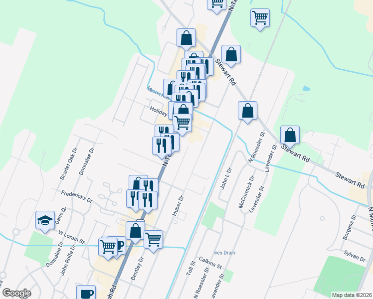 map of restaurants, bars, coffee shops, grocery stores, and more near 1253 Bentley Drive in Monroe