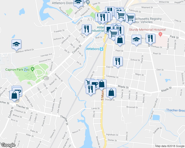 map of restaurants, bars, coffee shops, grocery stores, and more near 38 Garden Street in Attleboro