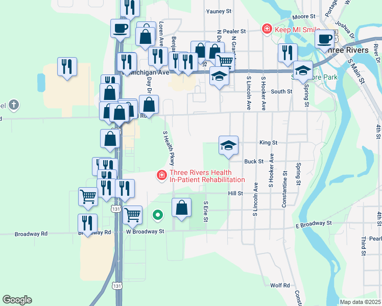 map of restaurants, bars, coffee shops, grocery stores, and more near 601 South Erie Street in Three Rivers