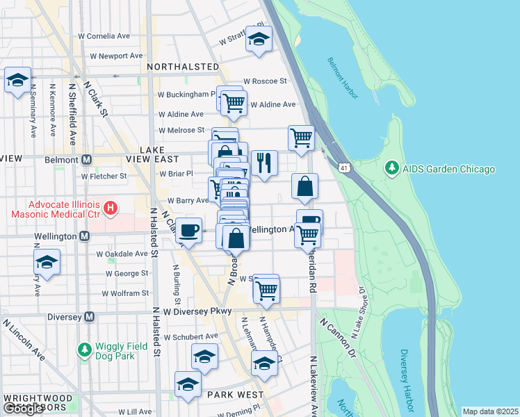 map of restaurants, bars, coffee shops, grocery stores, and more near 504 West Wellington Avenue in Chicago