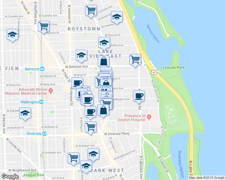 map of restaurants, bars, coffee shops, grocery stores, and more near 3013 North Broadway in Chicago