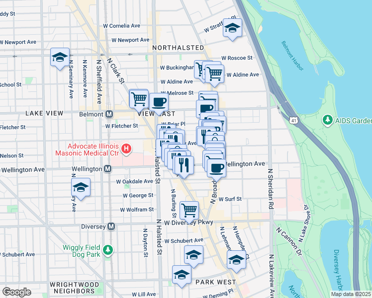 map of restaurants, bars, coffee shops, grocery stores, and more near 3020 North Waterloo Court in Chicago