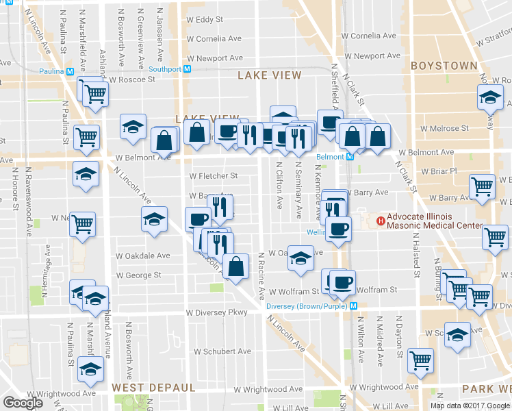 map of restaurants, bars, coffee shops, grocery stores, and more near 3025 North Racine Avenue in Chicago