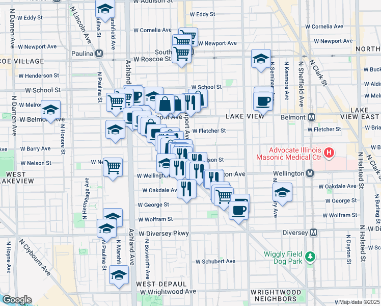 map of restaurants, bars, coffee shops, grocery stores, and more near 1343 West Nelson Street in Chicago