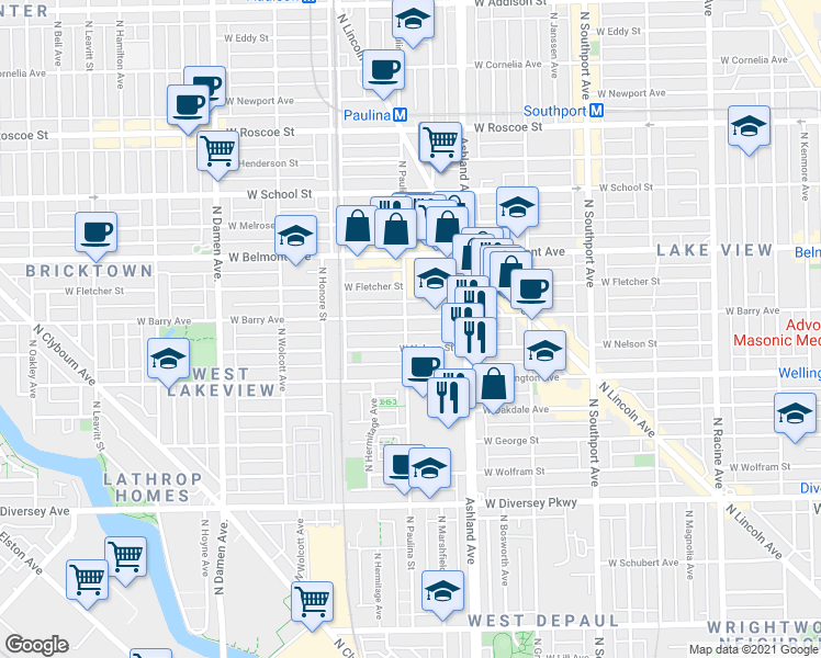 map of restaurants, bars, coffee shops, grocery stores, and more near 1648 West Nelson Street in Chicago