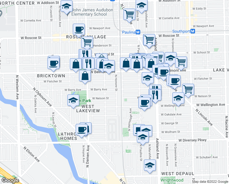 map of restaurants, bars, coffee shops, grocery stores, and more near 1834 West Nelson Street in Chicago