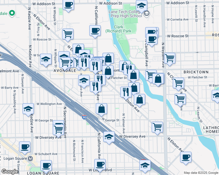 map of restaurants, bars, coffee shops, grocery stores, and more near 2716 West Nelson Street in Chicago