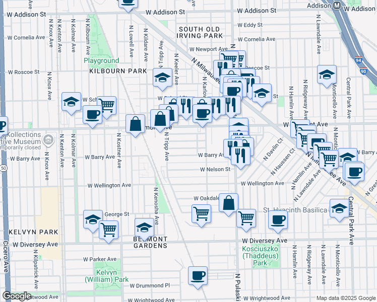 map of restaurants, bars, coffee shops, grocery stores, and more near 4123 West Barry Avenue in Chicago