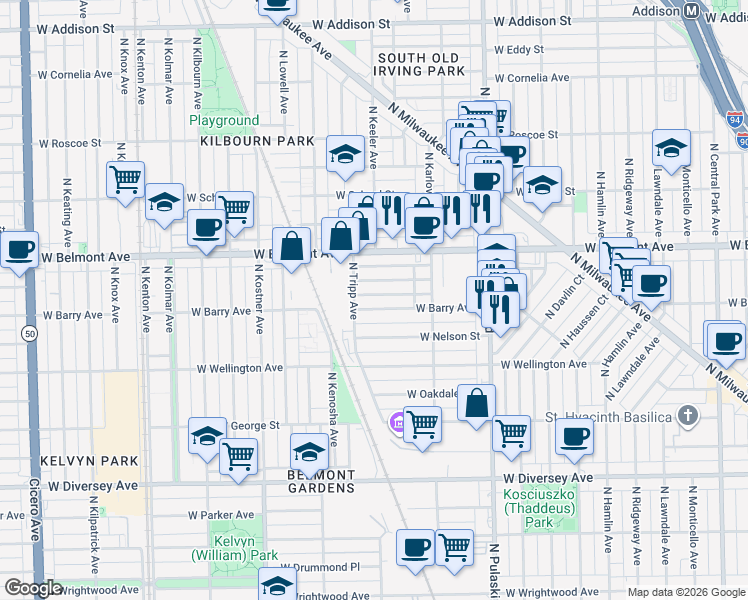 map of restaurants, bars, coffee shops, grocery stores, and more near 4161 West Barry Avenue in Chicago