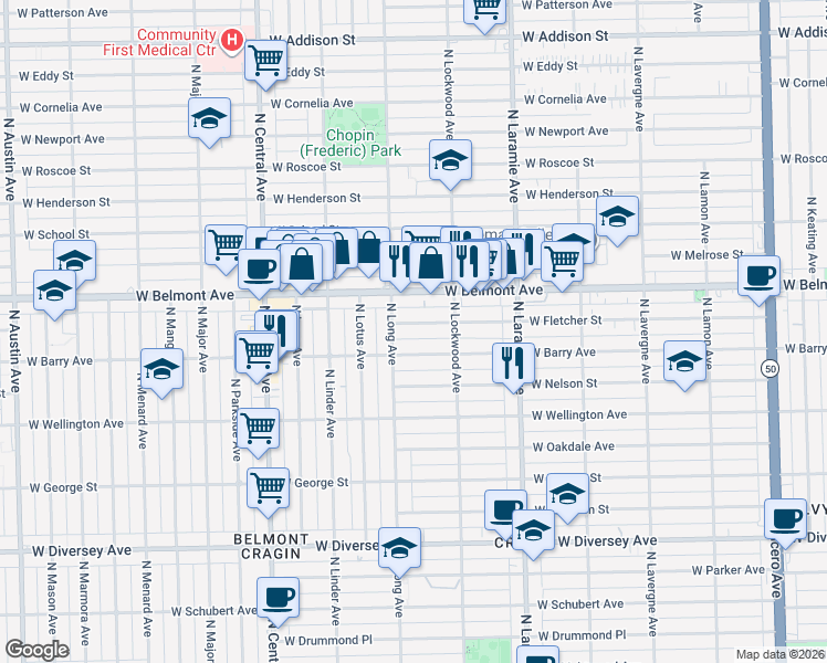 map of restaurants, bars, coffee shops, grocery stores, and more near 5334 West Barry Avenue in Chicago