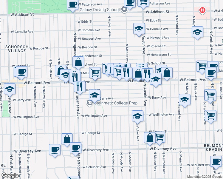 map of restaurants, bars, coffee shops, grocery stores, and more near 6211 West Fletcher Street in Chicago