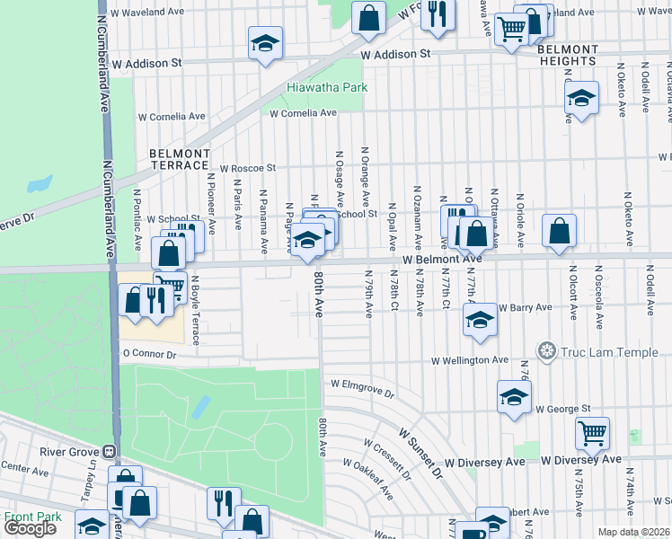 map of restaurants, bars, coffee shops, grocery stores, and more near 7920 West Fletcher Street in Elmwood Park