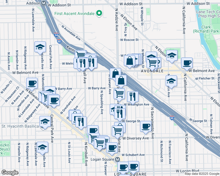 map of restaurants, bars, coffee shops, grocery stores, and more near North Sawyer Avenue in Chicago