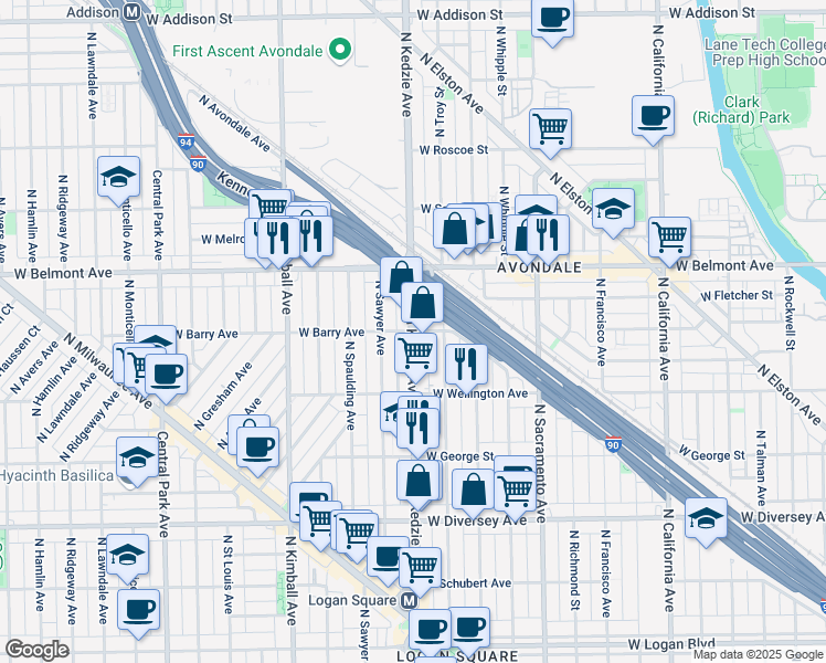 map of restaurants, bars, coffee shops, grocery stores, and more near N Kedzie Ave & W Barry Ave in Chicago