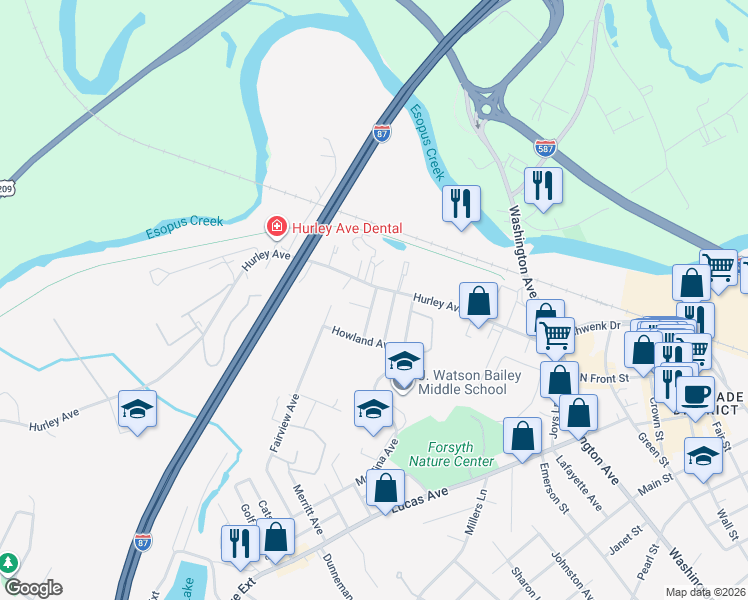 map of restaurants, bars, coffee shops, grocery stores, and more near 8 Snyder Avenue in Kingston