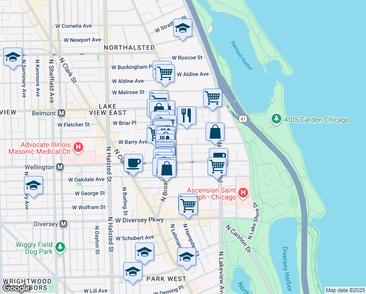map of restaurants, bars, coffee shops, grocery stores, and more near 515 West Barry Avenue in Chicago
