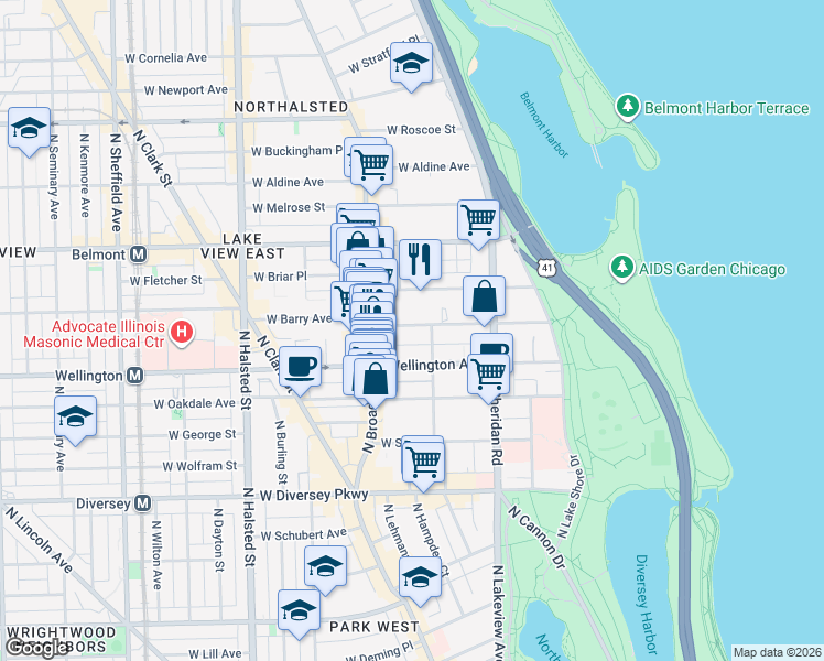 map of restaurants, bars, coffee shops, grocery stores, and more near 504 West Wellington Avenue in Chicago