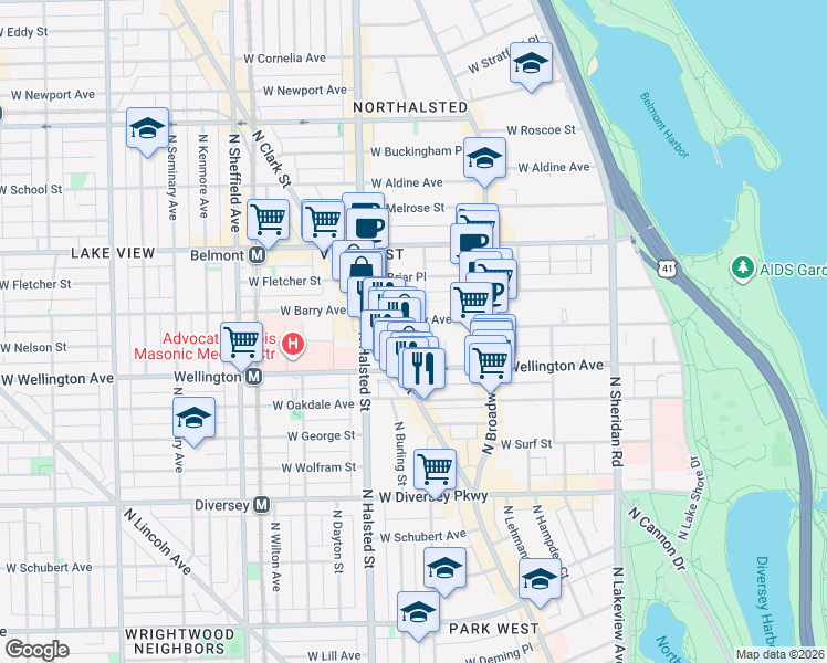 map of restaurants, bars, coffee shops, grocery stores, and more near 709 West Barry Avenue in Chicago