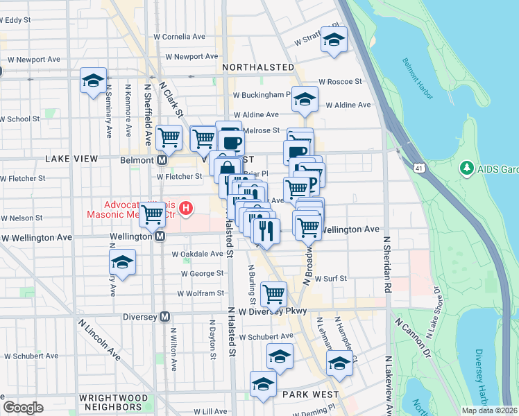 map of restaurants, bars, coffee shops, grocery stores, and more near 3021 North Clark Street in Chicago