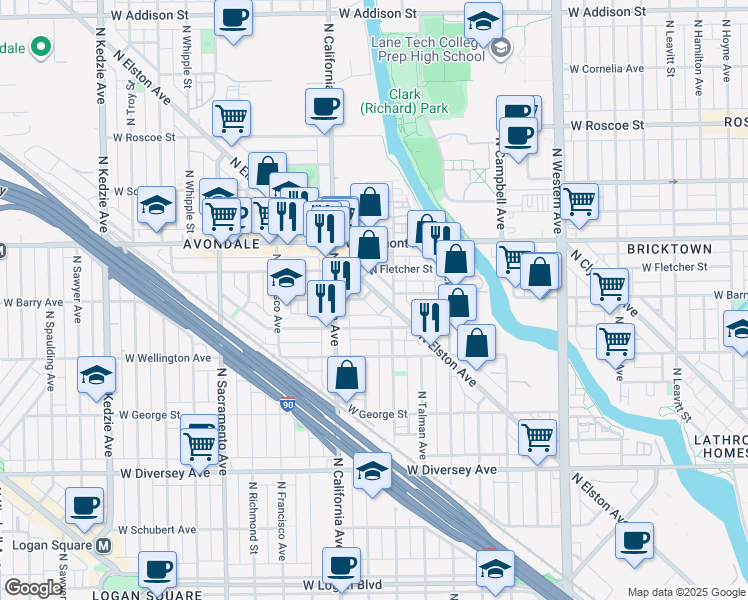 map of restaurants, bars, coffee shops, grocery stores, and more near 2716 West Nelson Street in Chicago