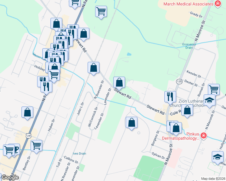 map of restaurants, bars, coffee shops, grocery stores, and more near 767 Stewart Road in Monroe