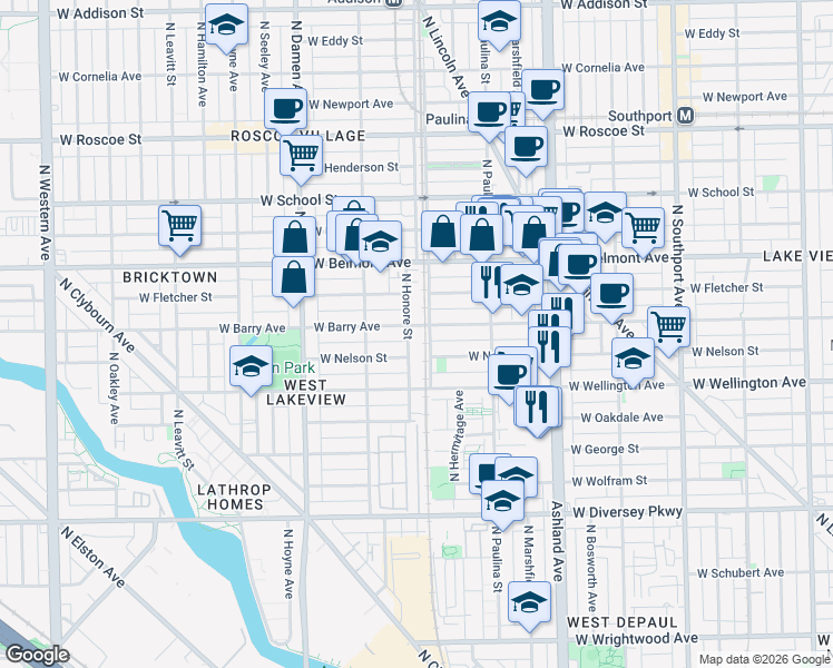 map of restaurants, bars, coffee shops, grocery stores, and more near 1758 West Nelson Street in Chicago