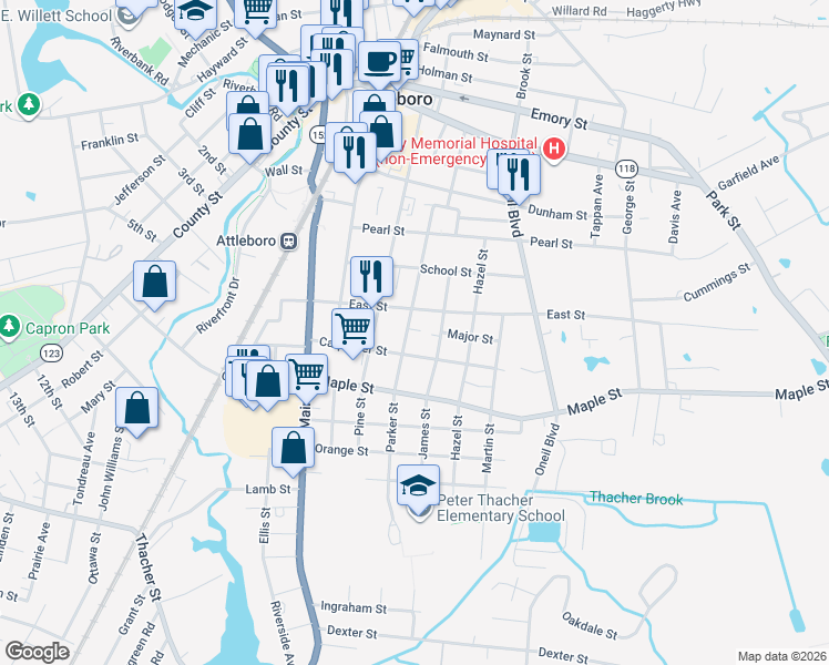 map of restaurants, bars, coffee shops, grocery stores, and more near 50 Carpenter Street in Attleboro