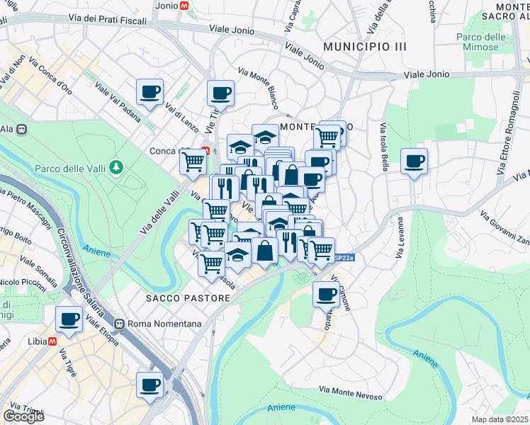 map of restaurants, bars, coffee shops, grocery stores, and more near 44 Viale Tirreno in Rome