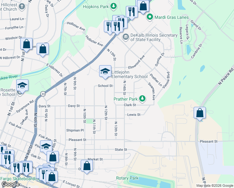 map of restaurants, bars, coffee shops, grocery stores, and more near 1302 Prairie Avenue in DeKalb