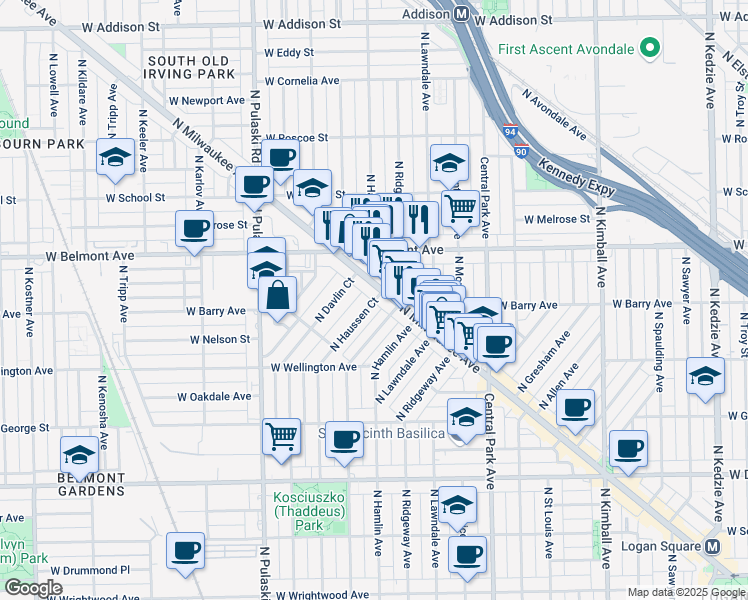 map of restaurants, bars, coffee shops, grocery stores, and more near 3073 North Avers Avenue in Chicago