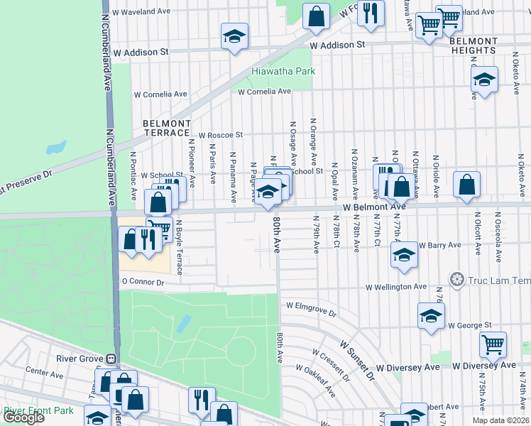 map of restaurants, bars, coffee shops, grocery stores, and more near 8025 West Belmont Avenue in Chicago