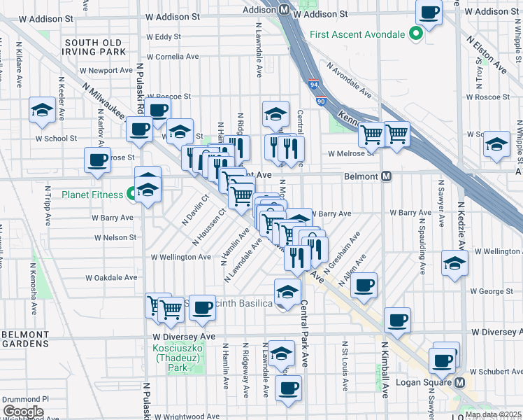 map of restaurants, bars, coffee shops, grocery stores, and more near 3102 Lawndale Avenue in Chicago