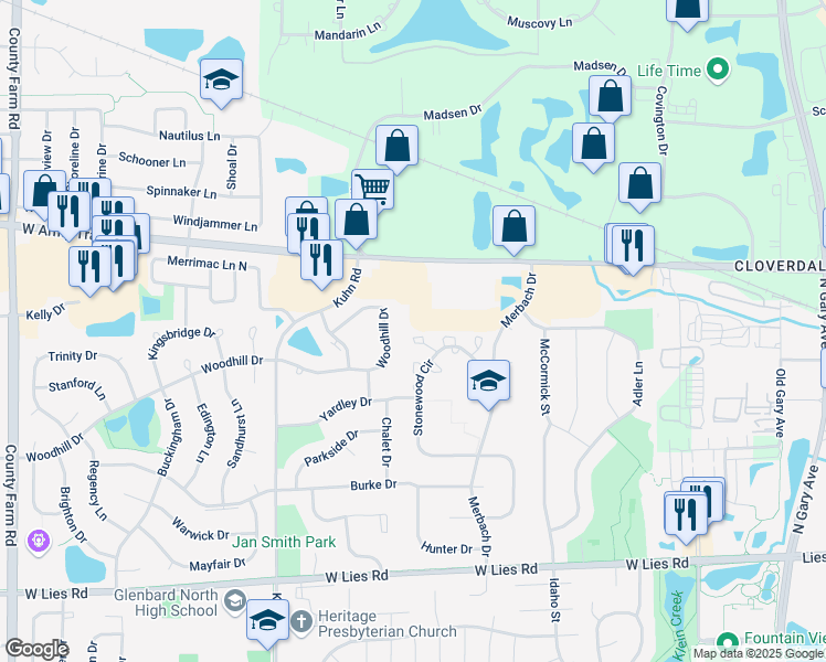 map of restaurants, bars, coffee shops, grocery stores, and more near 447 Kilkenny Court in Carol Stream