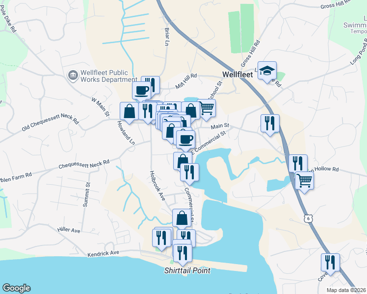 map of restaurants, bars, coffee shops, grocery stores, and more near 215 Baker Avenue in Wellfleet