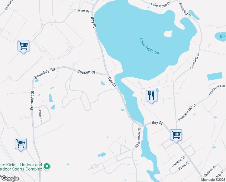 map of restaurants, bars, coffee shops, grocery stores, and more near 1162 Bay Street in Taunton
