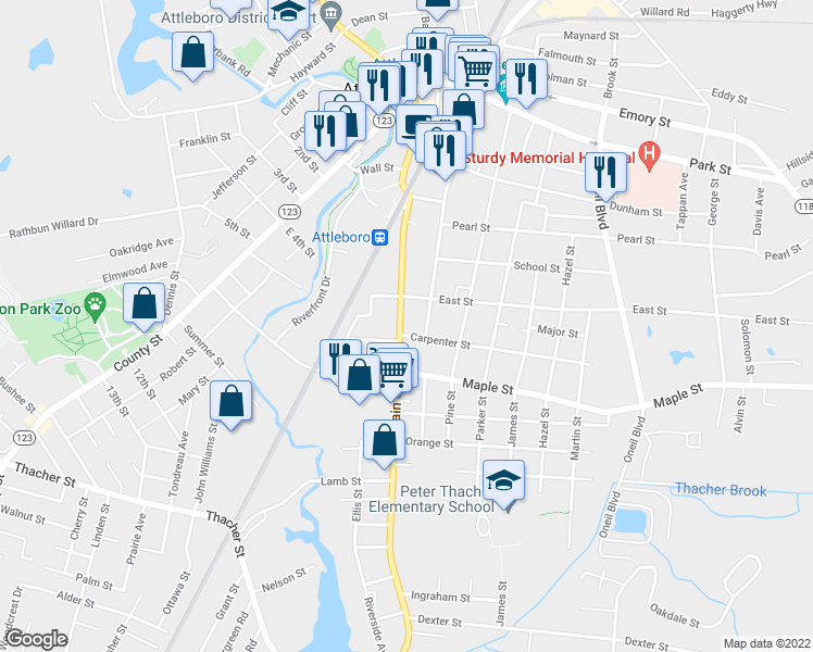 map of restaurants, bars, coffee shops, grocery stores, and more near 194 South Main Street in Attleboro