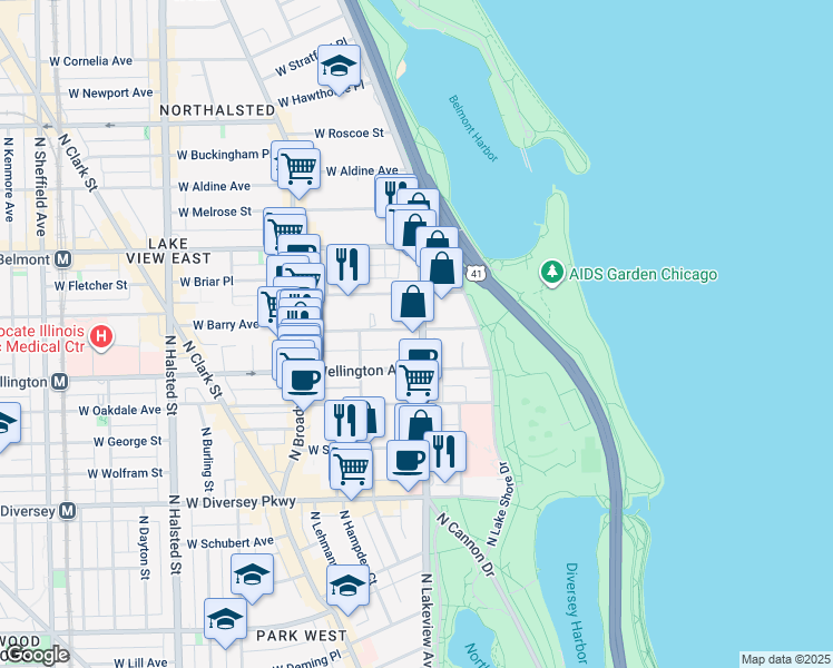 map of restaurants, bars, coffee shops, grocery stores, and more near 360 West Wellington Avenue in Chicago