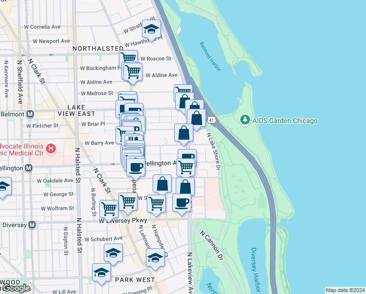 map of restaurants, bars, coffee shops, grocery stores, and more near 428 West Wellington Avenue in Chicago