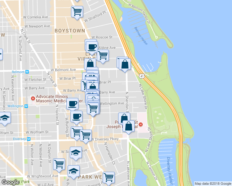 map of restaurants, bars, coffee shops, grocery stores, and more near 428 West Wellington Avenue in Chicago