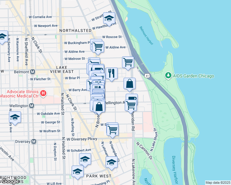 map of restaurants, bars, coffee shops, grocery stores, and more near 504 West Wellington Avenue in Chicago
