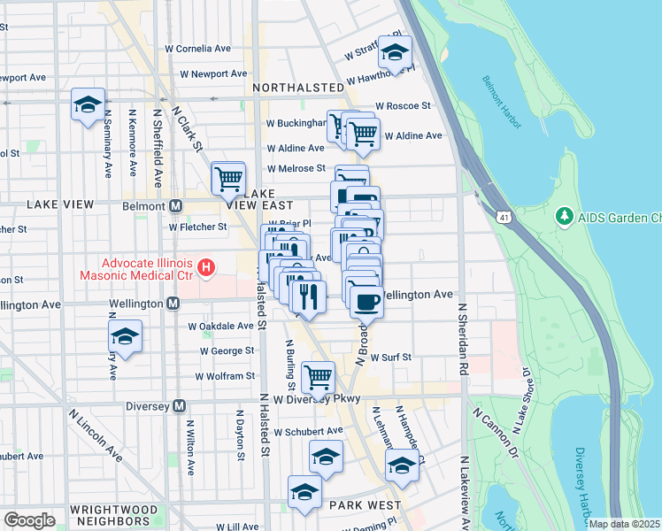 map of restaurants, bars, coffee shops, grocery stores, and more near 3020 North Waterloo Court in Chicago