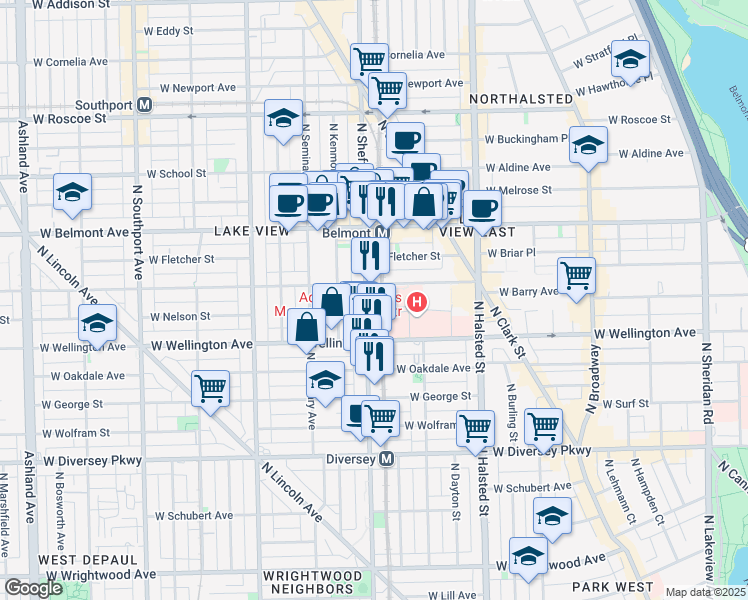 map of restaurants, bars, coffee shops, grocery stores, and more near 3021 North Sheffield Avenue in Chicago