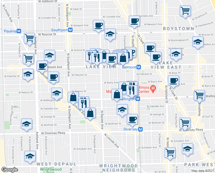 map of restaurants, bars, coffee shops, grocery stores, and more near 3025 North Racine Avenue in Chicago